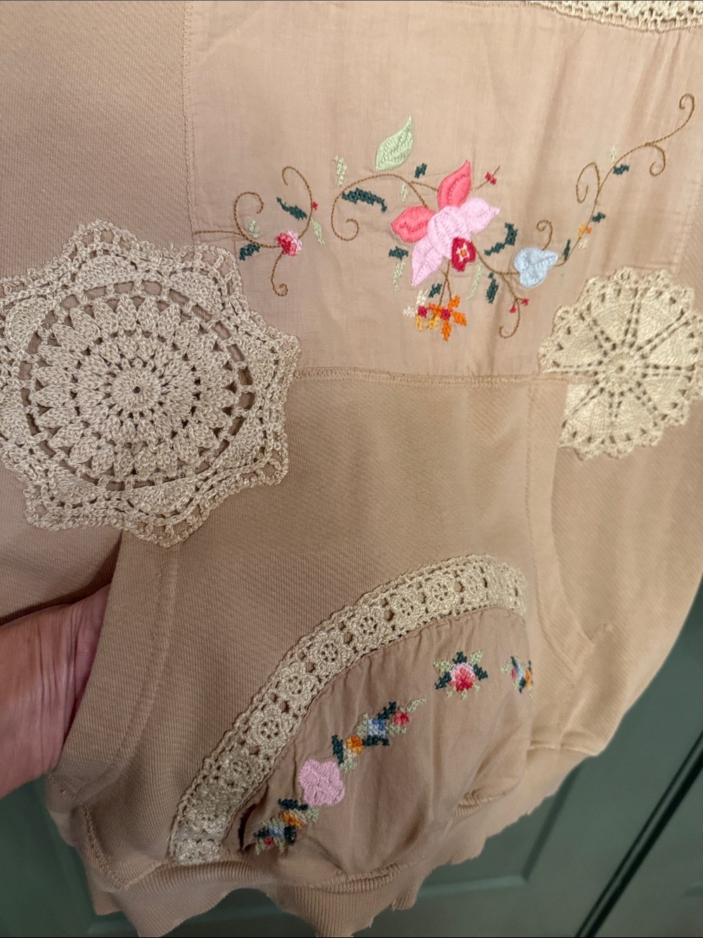 NWOT Free People Beige Embroidered Crochet Pocket Sweatshirt - Picture 6 of 11